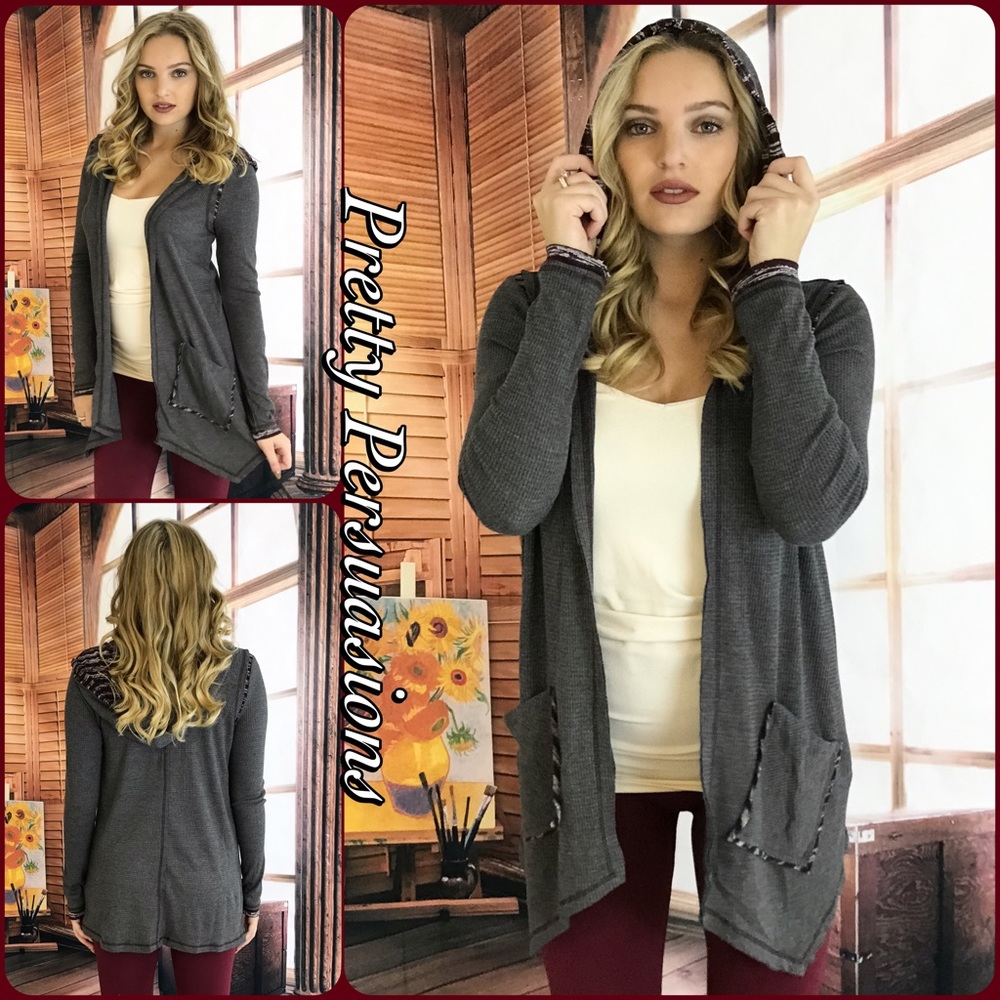 SALE ‼️Charcoal & Burgundy Hooded Thermal Cardigan